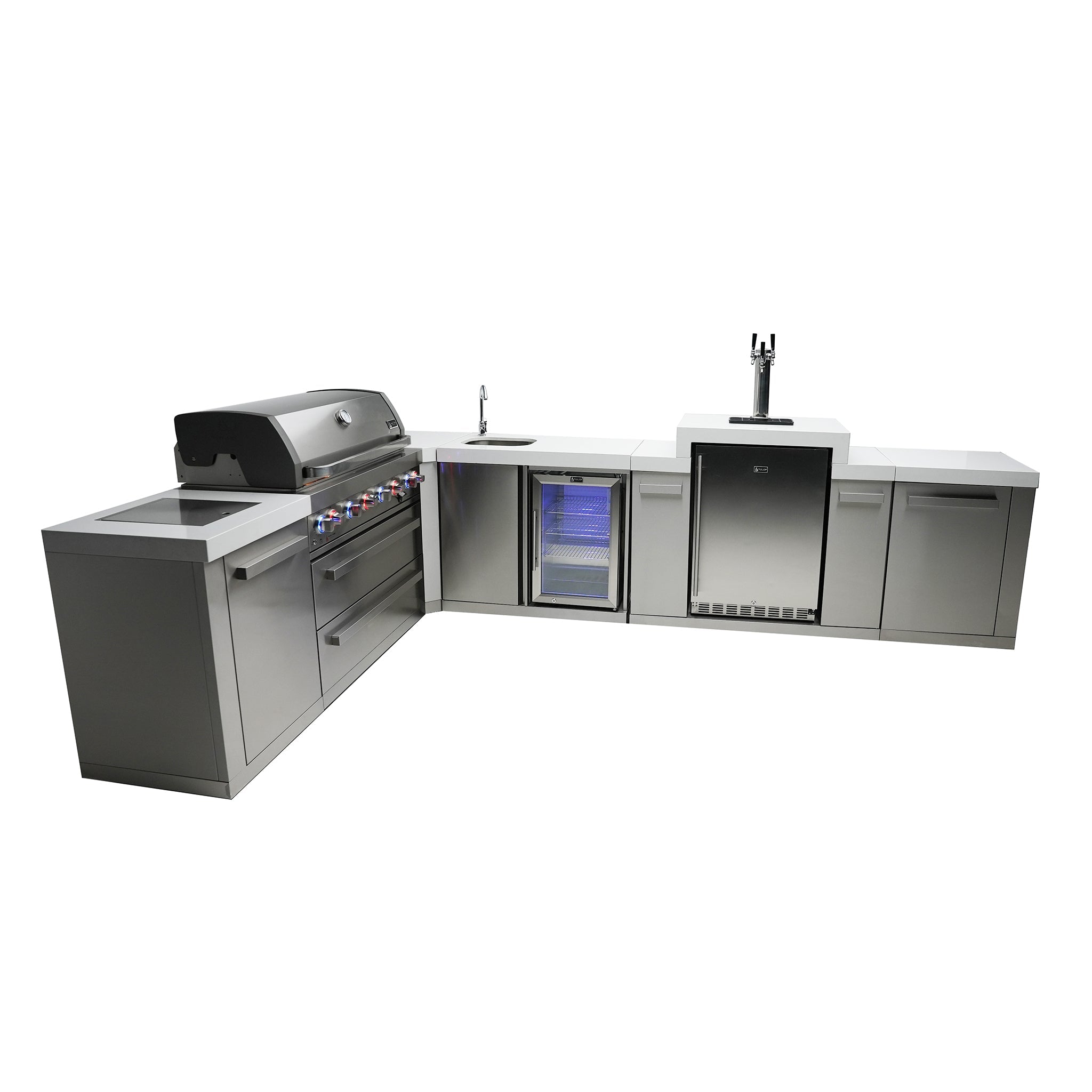 805 Original 8 ft. Stainless Steel 6-Burner Outdoor Kitchen Island with 90-Degree Corner Beverage Center and Fridge Cabinet