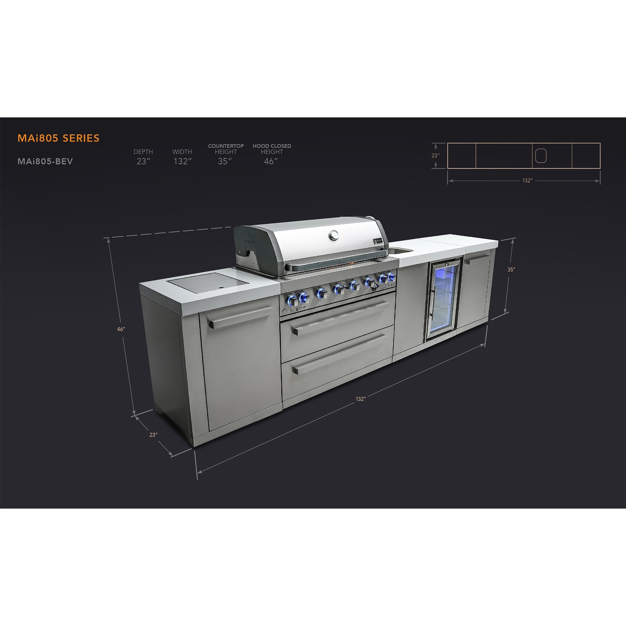 805 Original 11 ft. Stainless Steel 6-Burner Outdoor Kitchen Island with Beverage Center