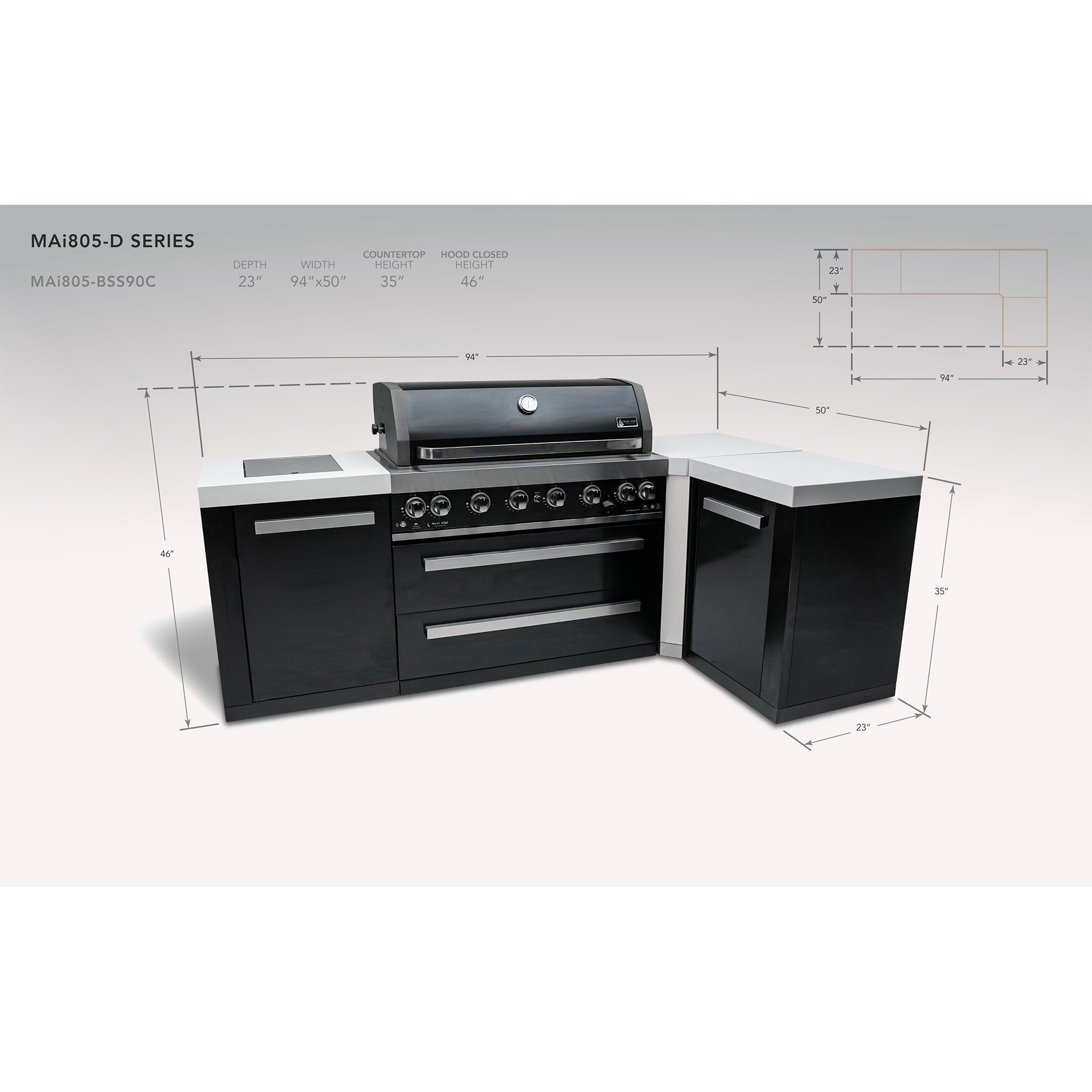 805 Deluxe Black Stainless Steel 6-Burner Outdoor Kitchen Island with 90-Degree Corner