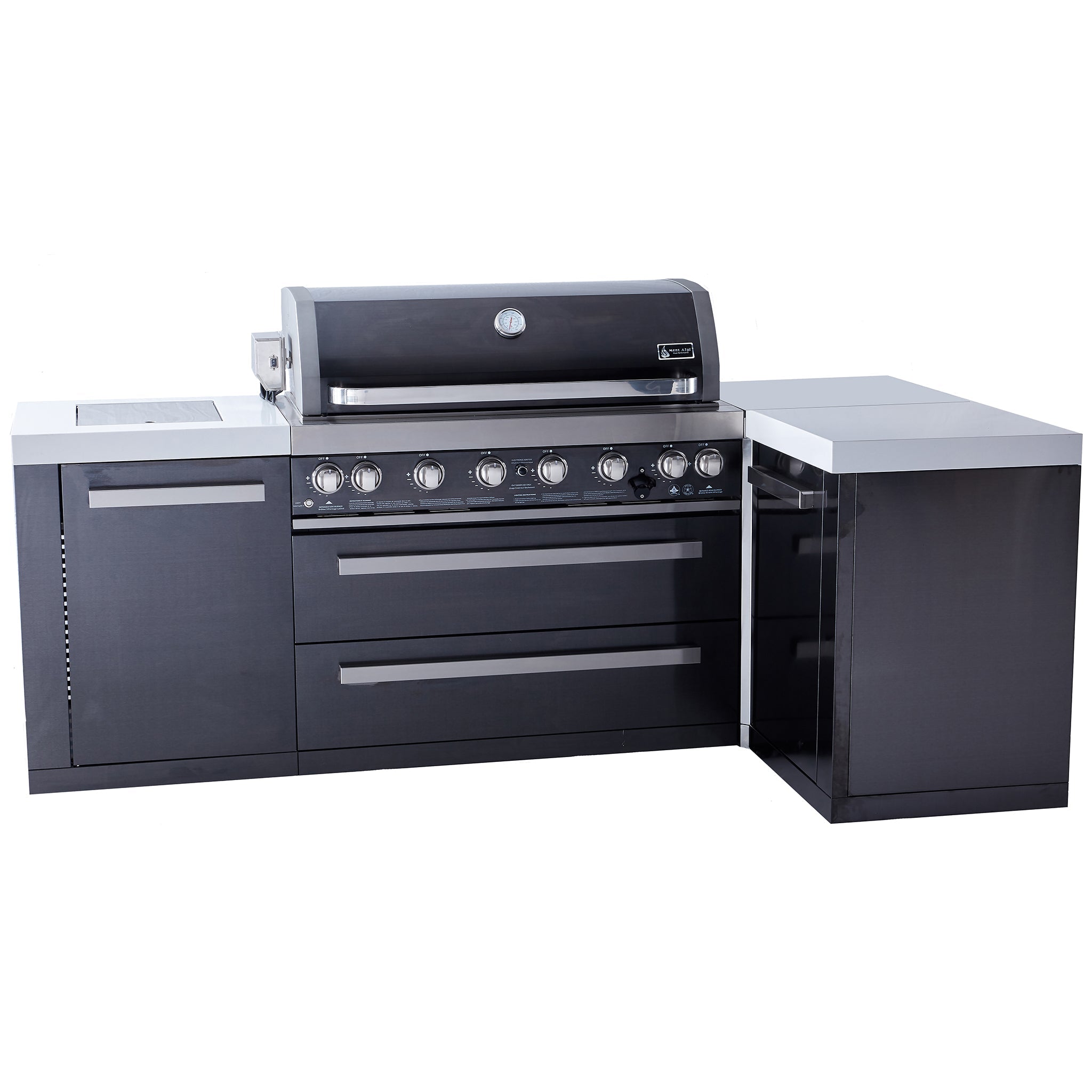 805 Deluxe Black Stainless Steel 6-Burner Outdoor Kitchen Island with 90-Degree Corner