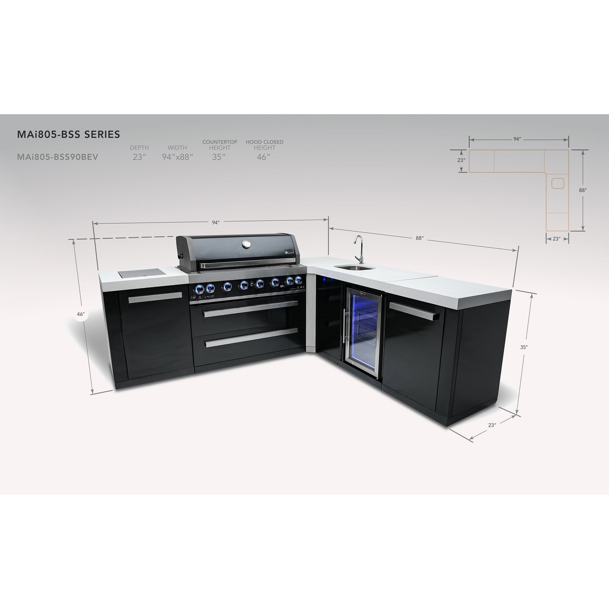 805 8 ft. Black Stainless Steel 6-Burner Outdoor Kitchen Island with 90-Degree Corner and Beverage Center