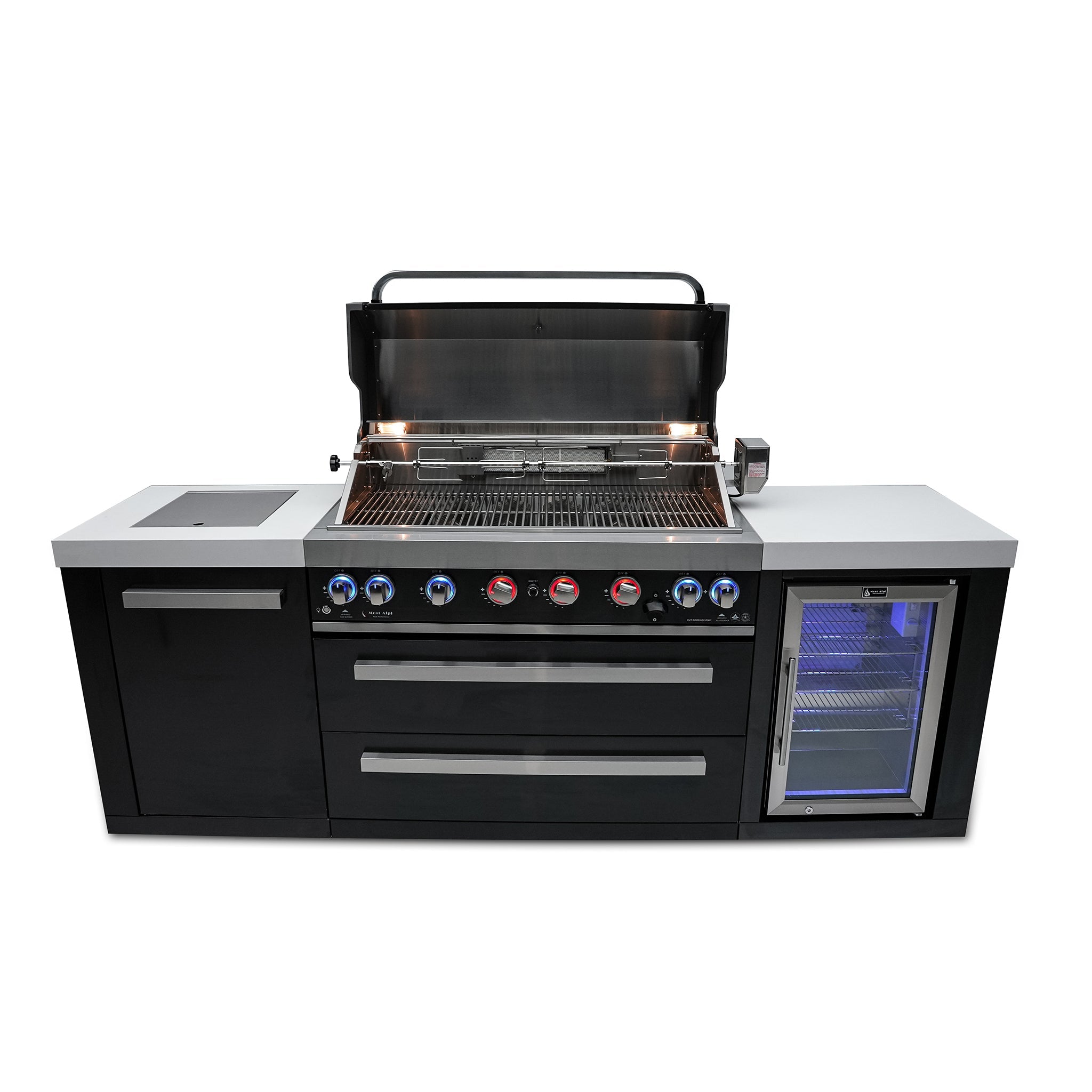 805 10 ft. Black Stainless Steel 6-Burner Outdoor Kitchen Island with 45-Degree Corners and Fridge Cabinet