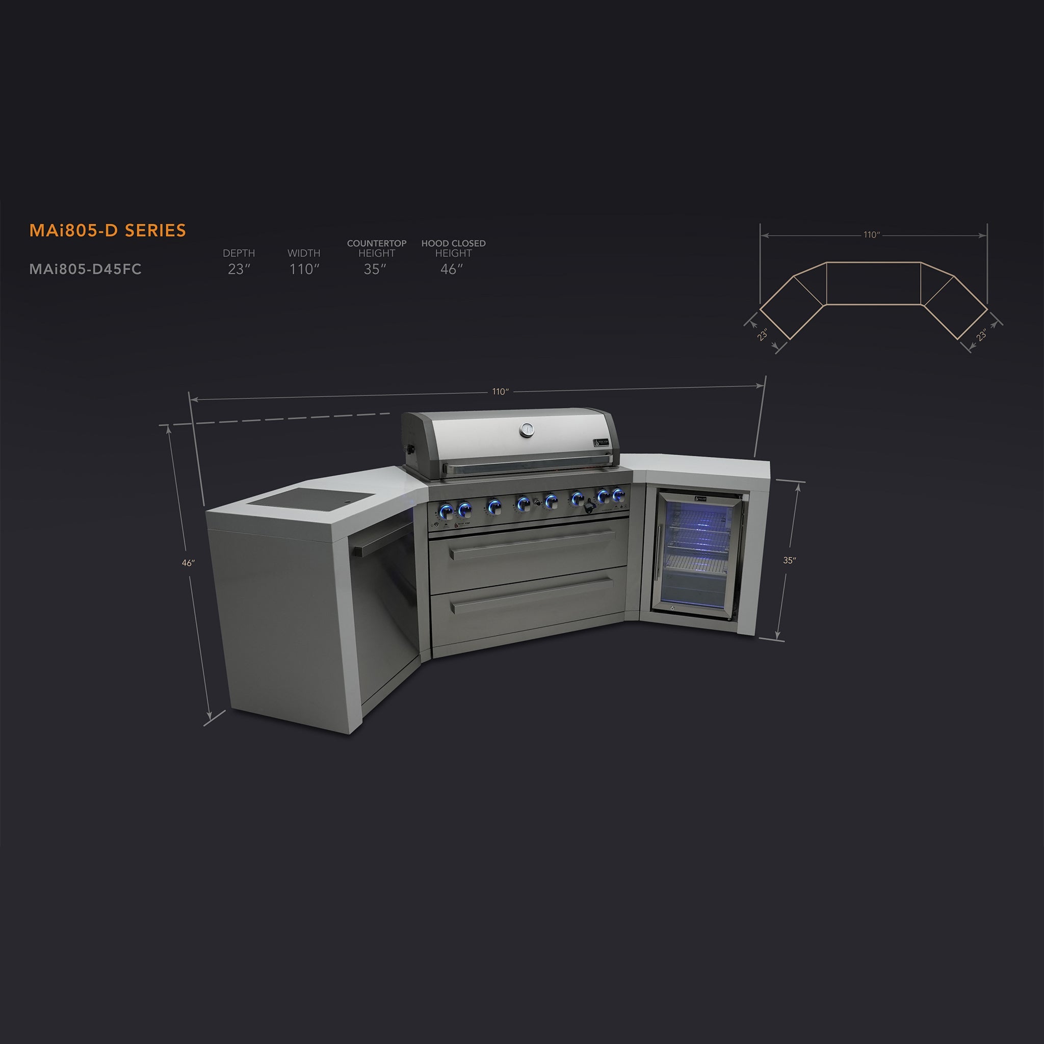 805 Deluxe 9.5 ft. Stainless Steel 6-Burner Outdoor Kitchen Island with 45 Degree Corners and Fridge Cabinet