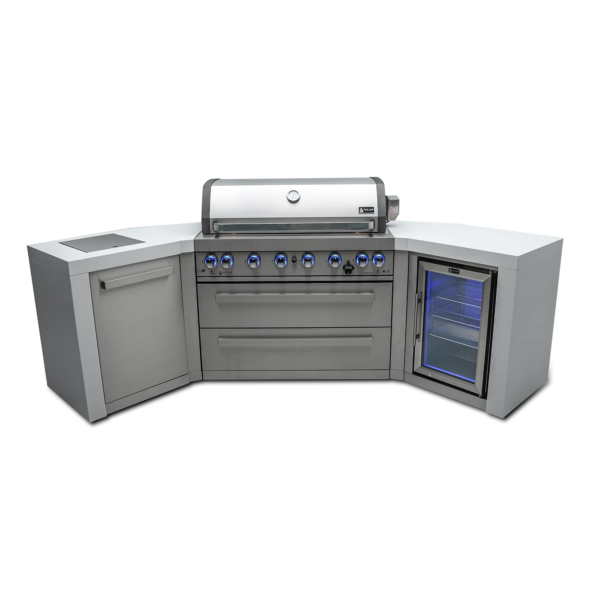 805 Deluxe 9.5 ft. Stainless Steel 6-Burner Outdoor Kitchen Island with 45 Degree Corners and Fridge Cabinet