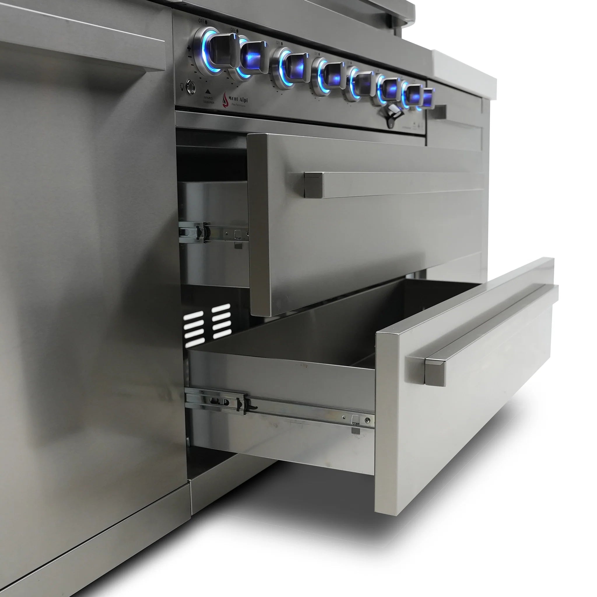 805 Deluxe 8 ft. Stainless Steel 6-Burner Outdoor Kitchen Island with 90-Degree Corner and Beverage Center