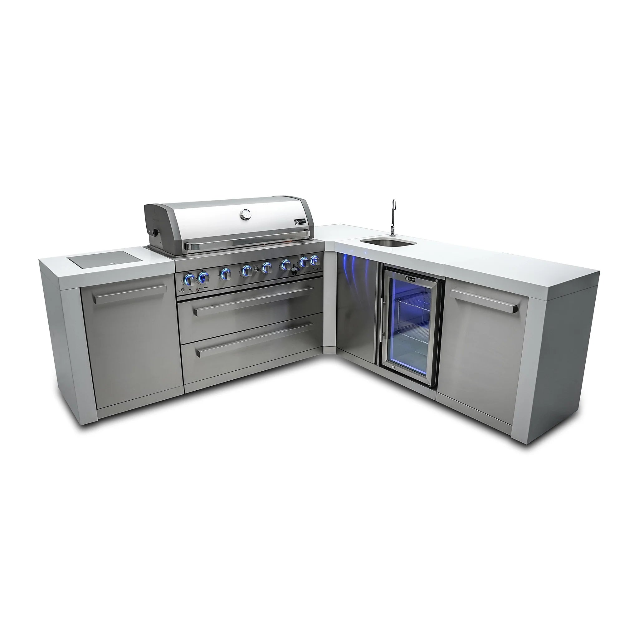 805 Deluxe 8 ft. Stainless Steel 6-Burner Outdoor Kitchen Island with 90-Degree Corner and Beverage Center