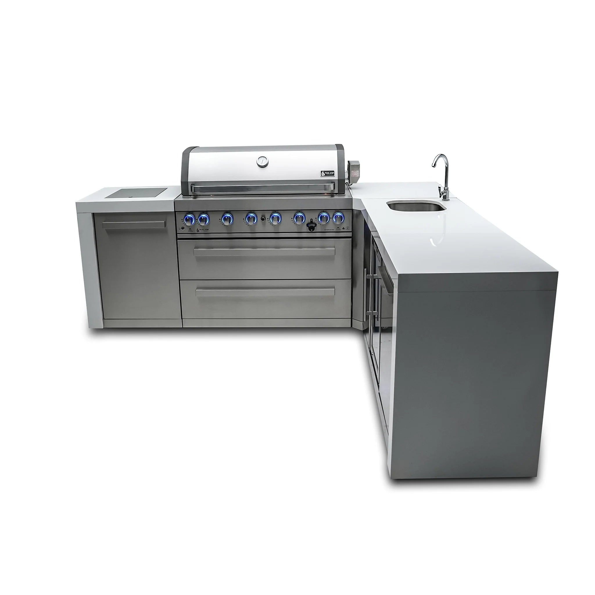 805 Deluxe 8 ft. Stainless Steel 6-Burner Outdoor Kitchen Island with 90-Degree Corner and Beverage Center