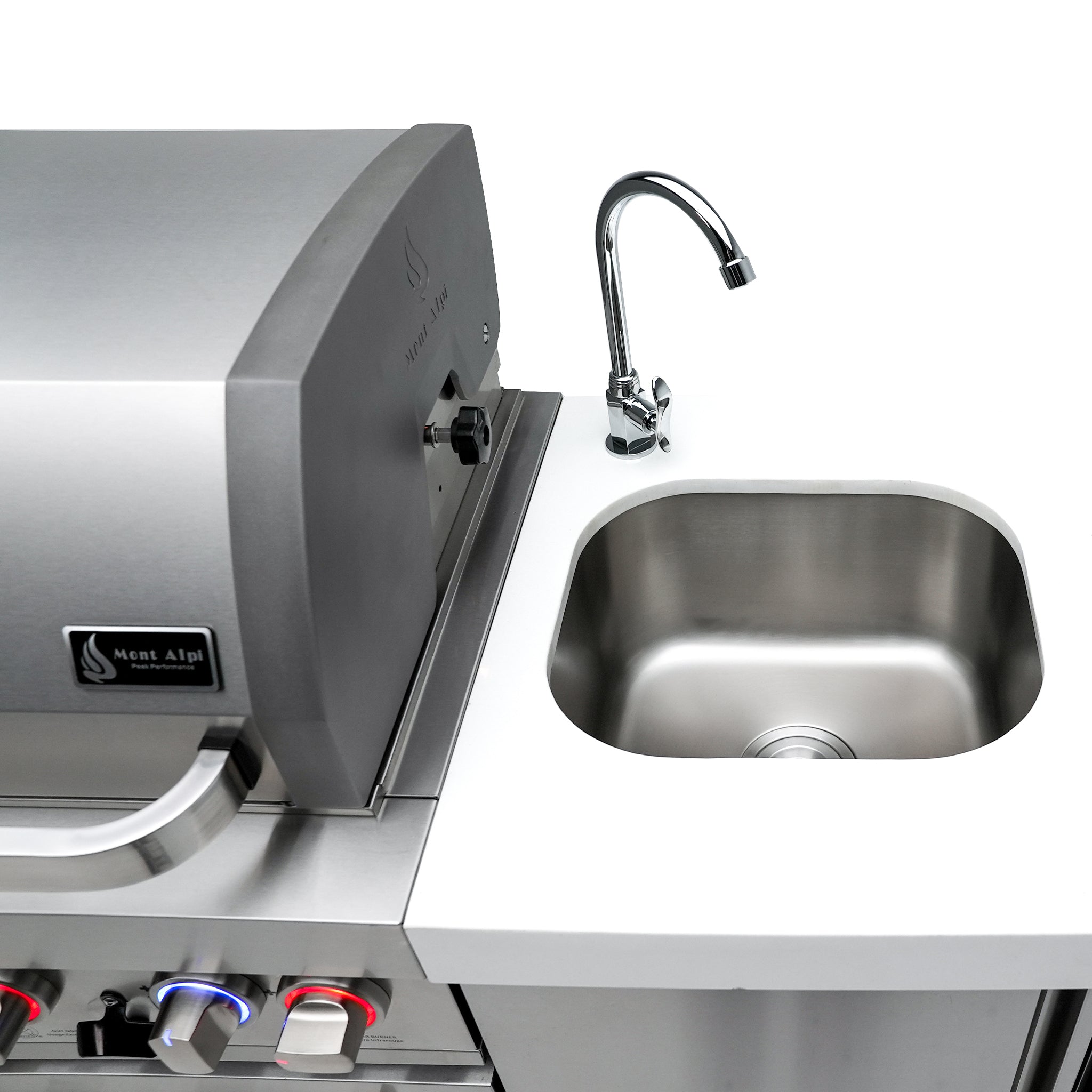 805 Deluxe Stainless Steel 6-Burner Outdoor Kitchen Island with 90-Degree Corner Beverage Center and Fridge Cabinet