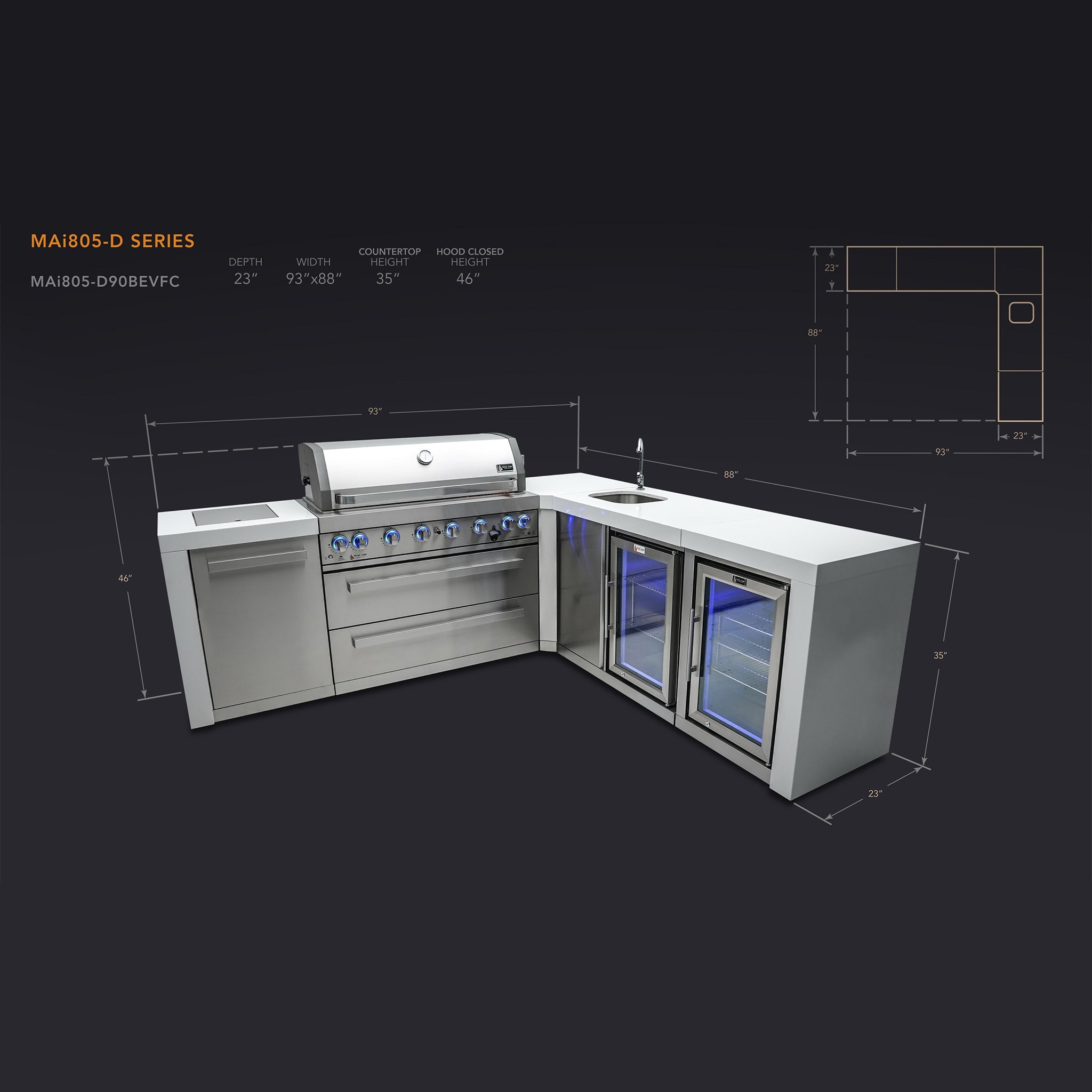 805 Deluxe Stainless Steel 6-Burner Outdoor Kitchen Island with 90-Degree Corner Beverage Center and Fridge Cabinet