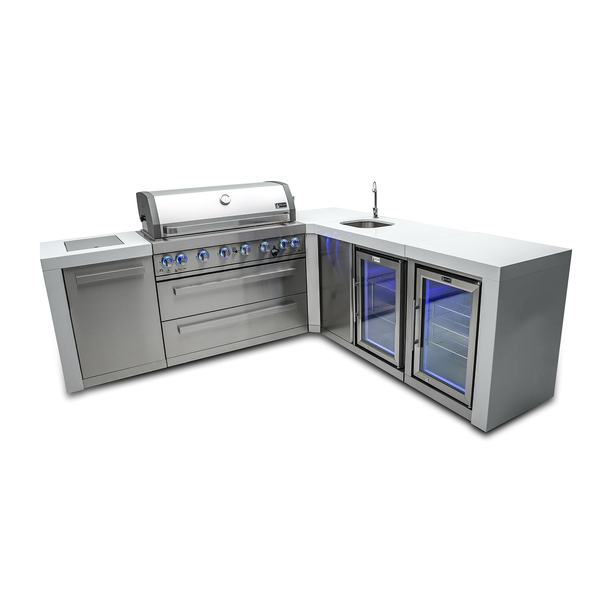 805 Deluxe Stainless Steel 6-Burner Outdoor Kitchen Island with 90-Degree Corner Beverage Center and Fridge Cabinet
