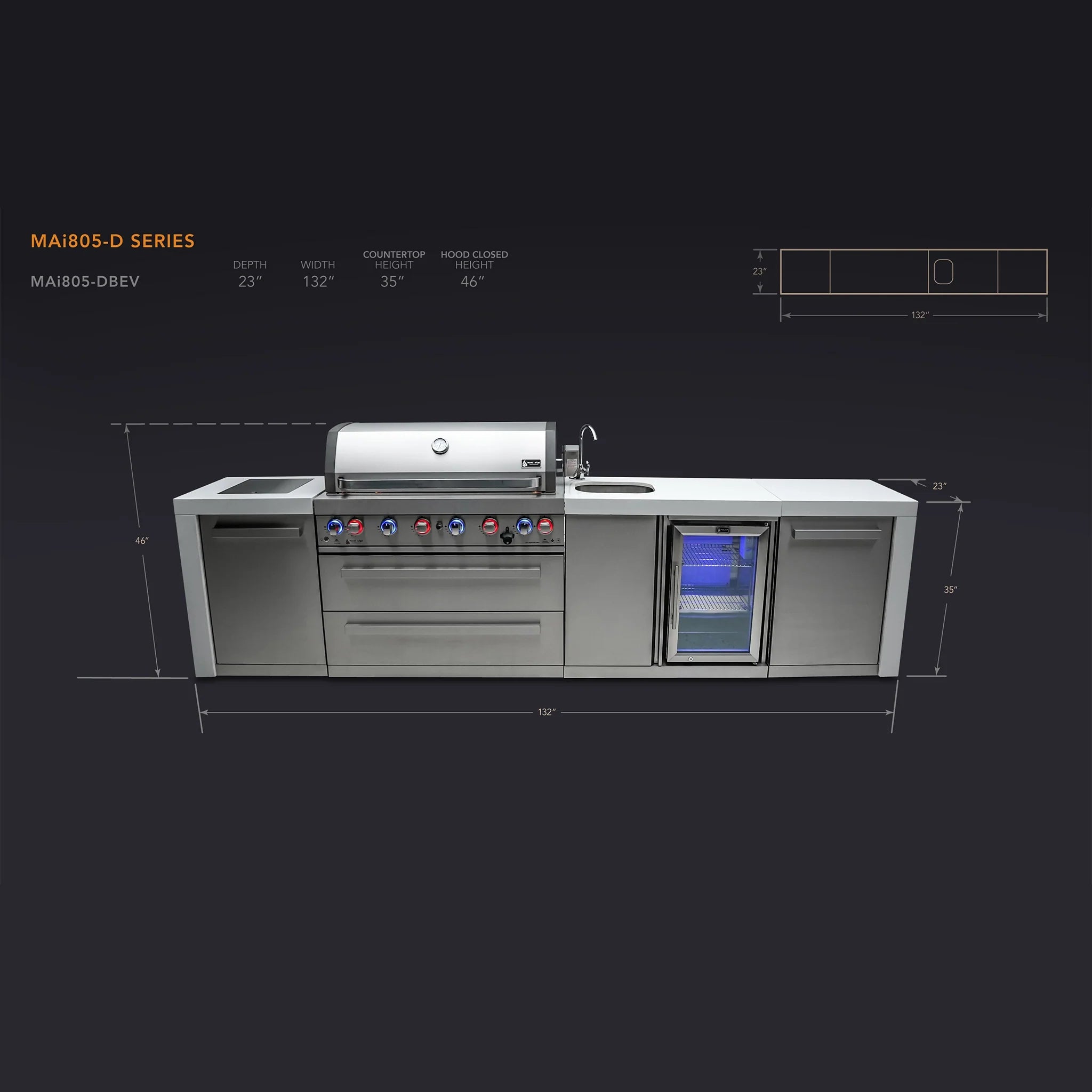 805 Deluxe 11 ft. Stainless Steel 6-Burner Outdoor Kitchen Island with Beverage Center