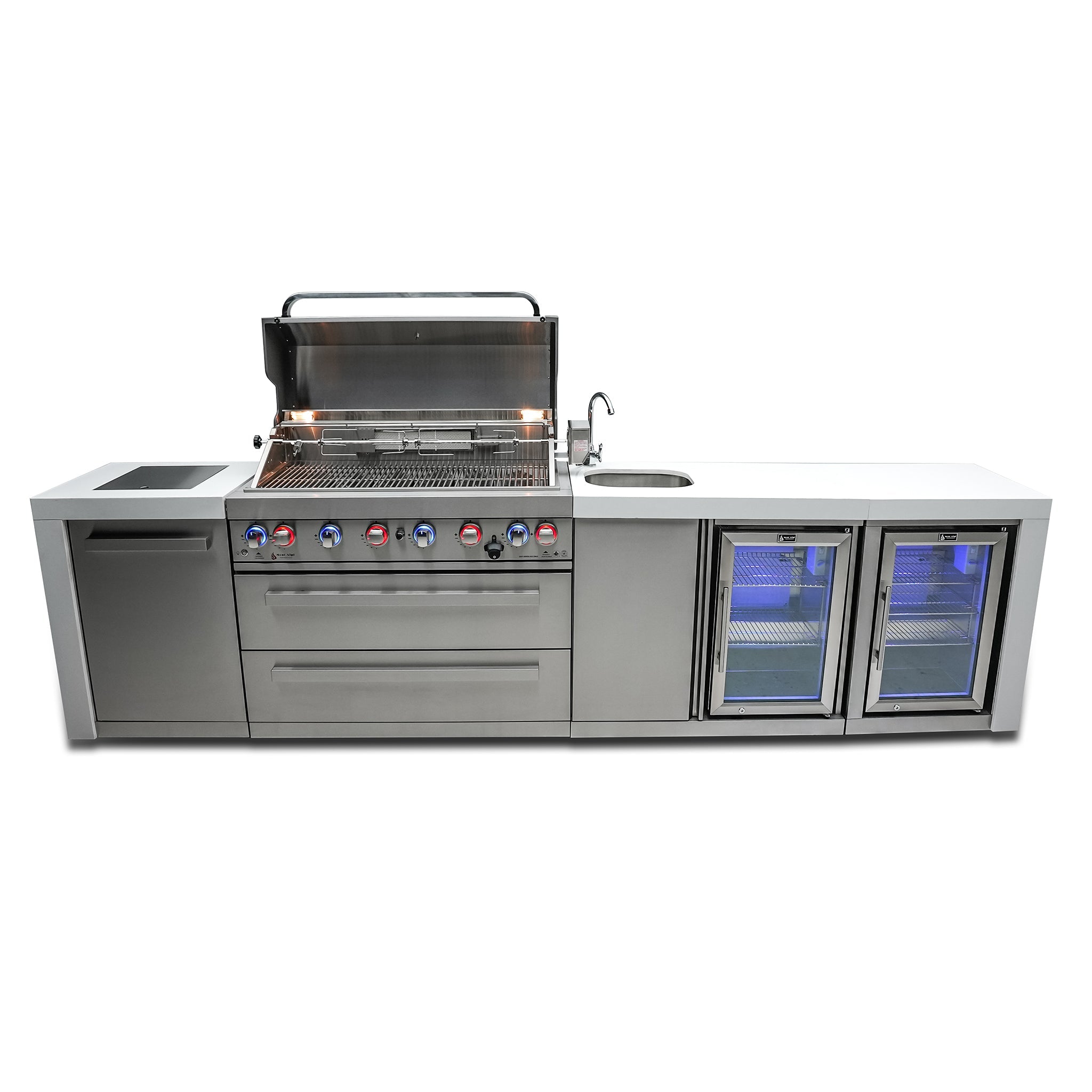 805 Deluxe 11 ft. Stainless Steel 6-Burner Outdoor Kitchen Island with Beverage Center and Fridge Cabinet