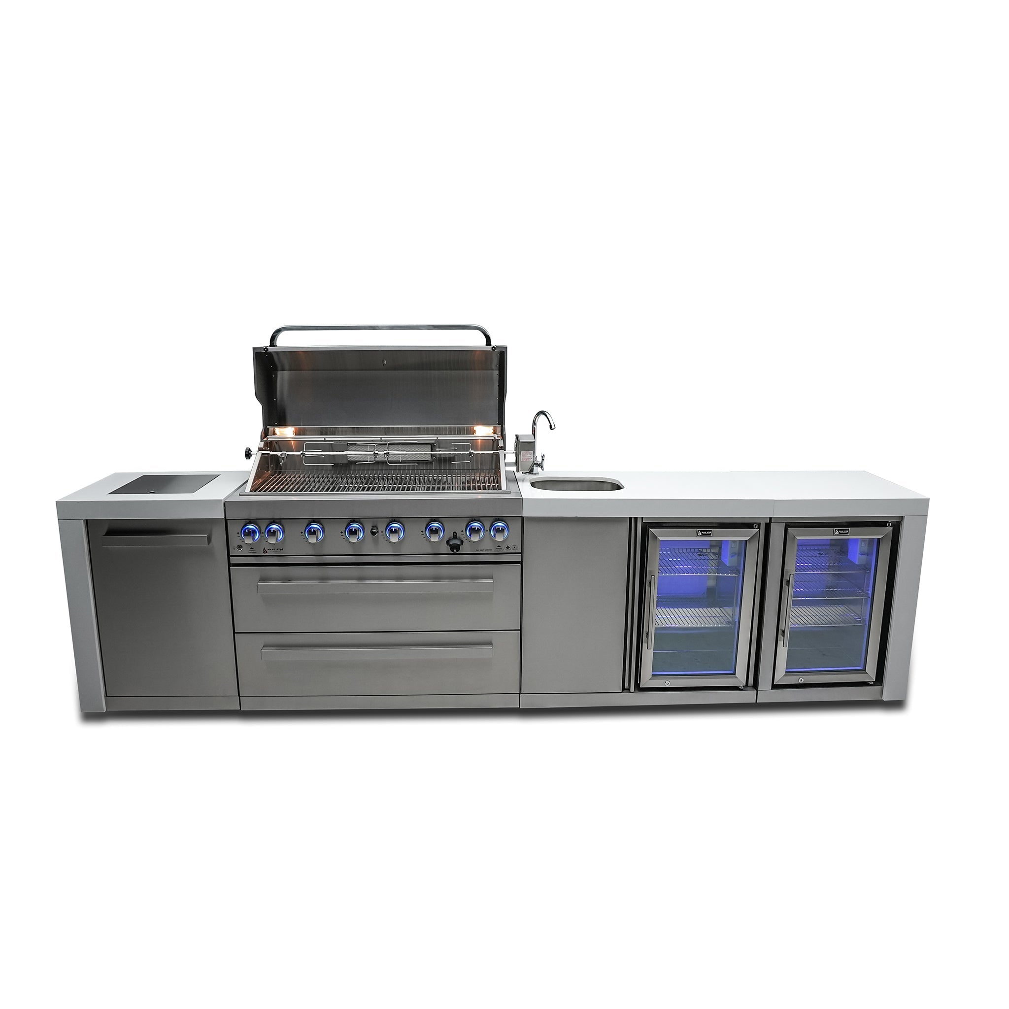 805 Deluxe 11 ft. Stainless Steel 6-Burner Outdoor Kitchen Island with Beverage Center and Fridge Cabinet