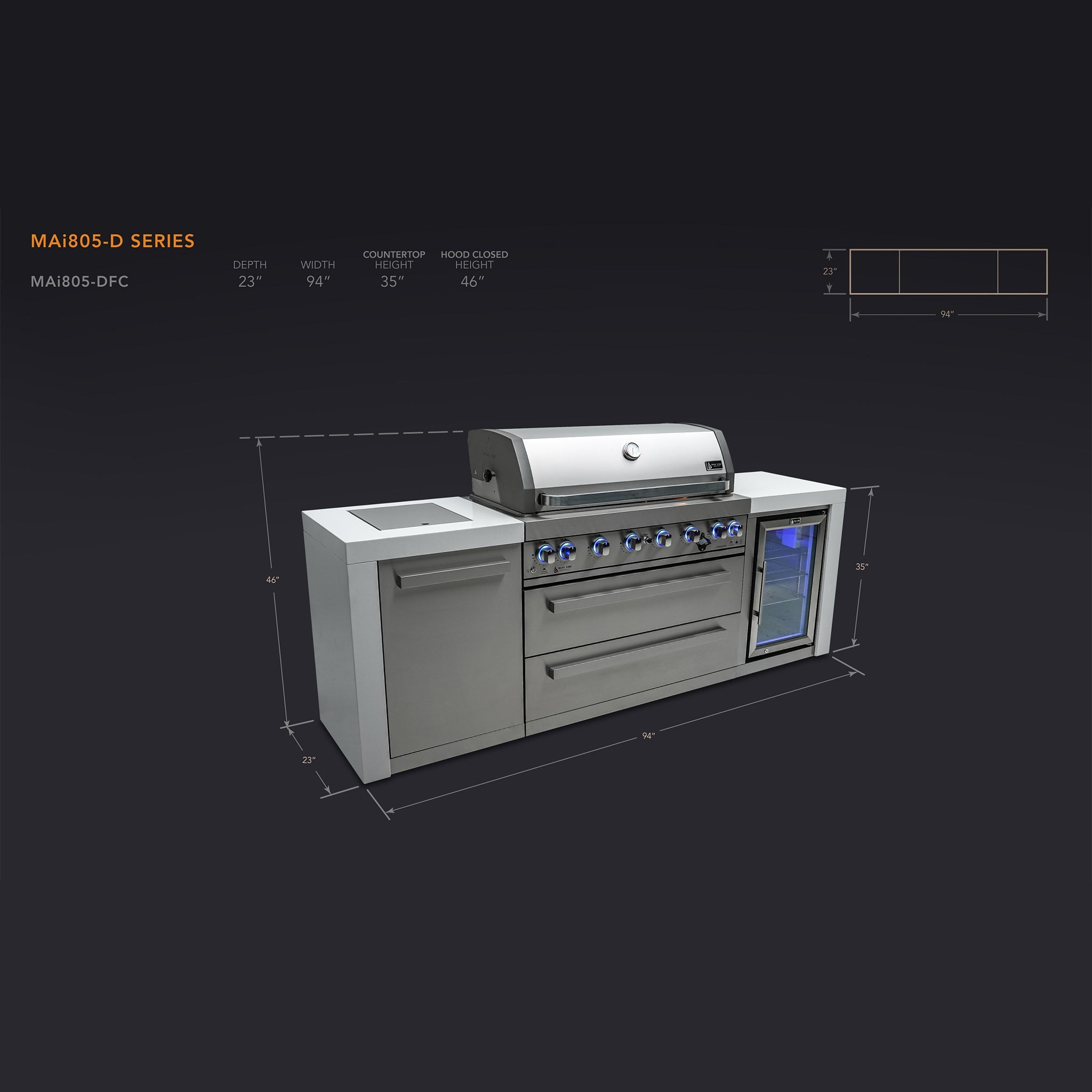 805 Deluxe 8 ft. Stainless Steel 6-Burner Outdoor Kitchen Island with Fridge Cabinet