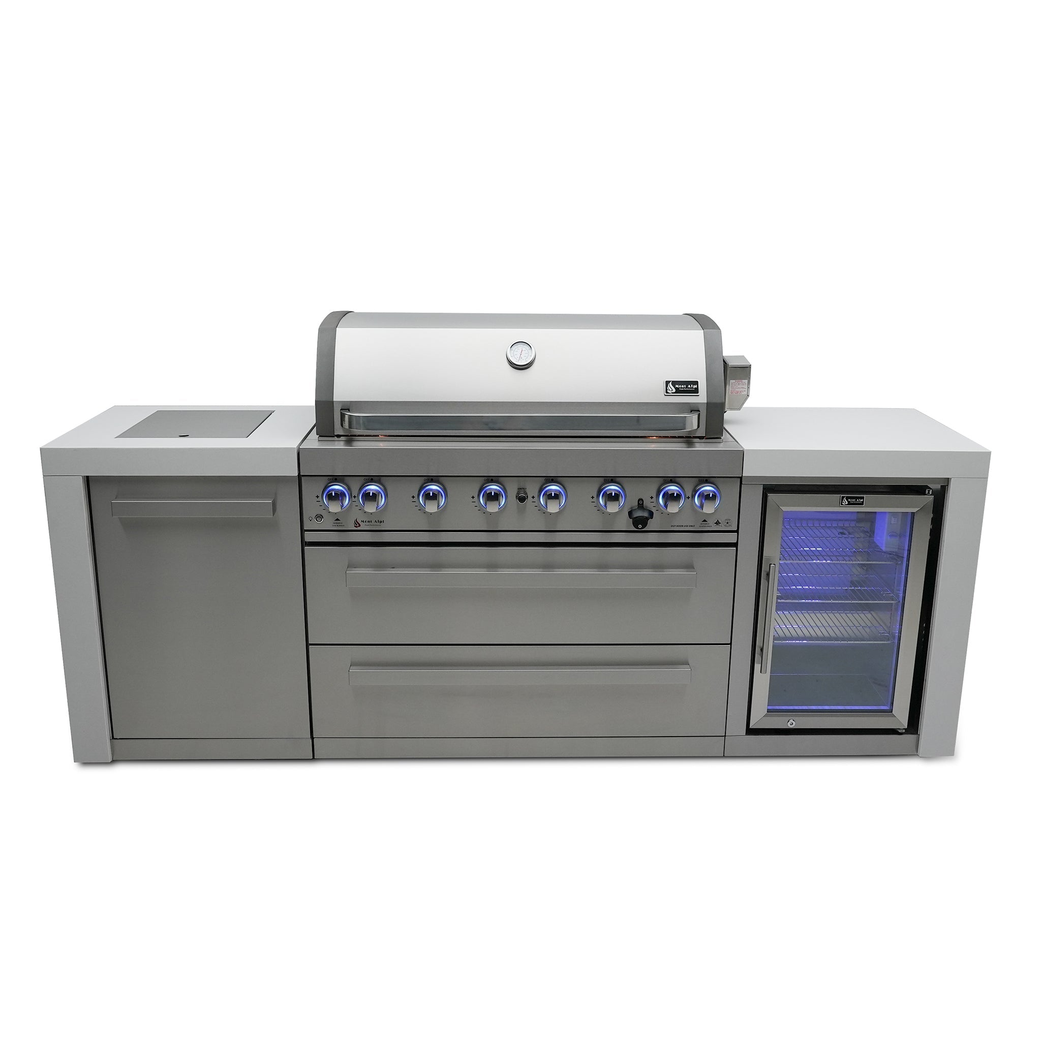 805 Deluxe 8 ft. Stainless Steel 6-Burner Outdoor Kitchen Island with Fridge Cabinet