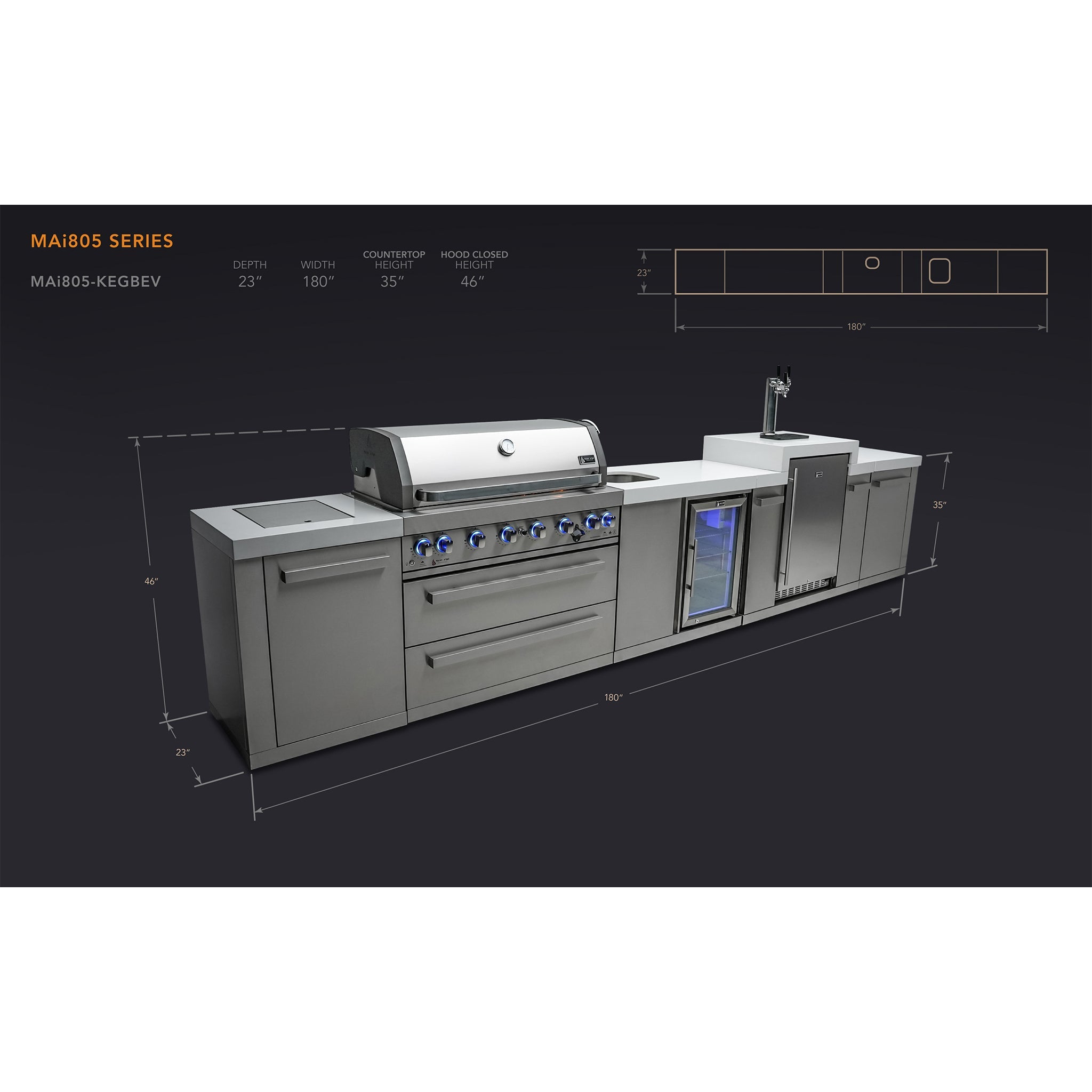 805 Original 15 ft. Stainless Steel 6-Burner Outdoor Kitchen Island with Beverage Center and Kegerator