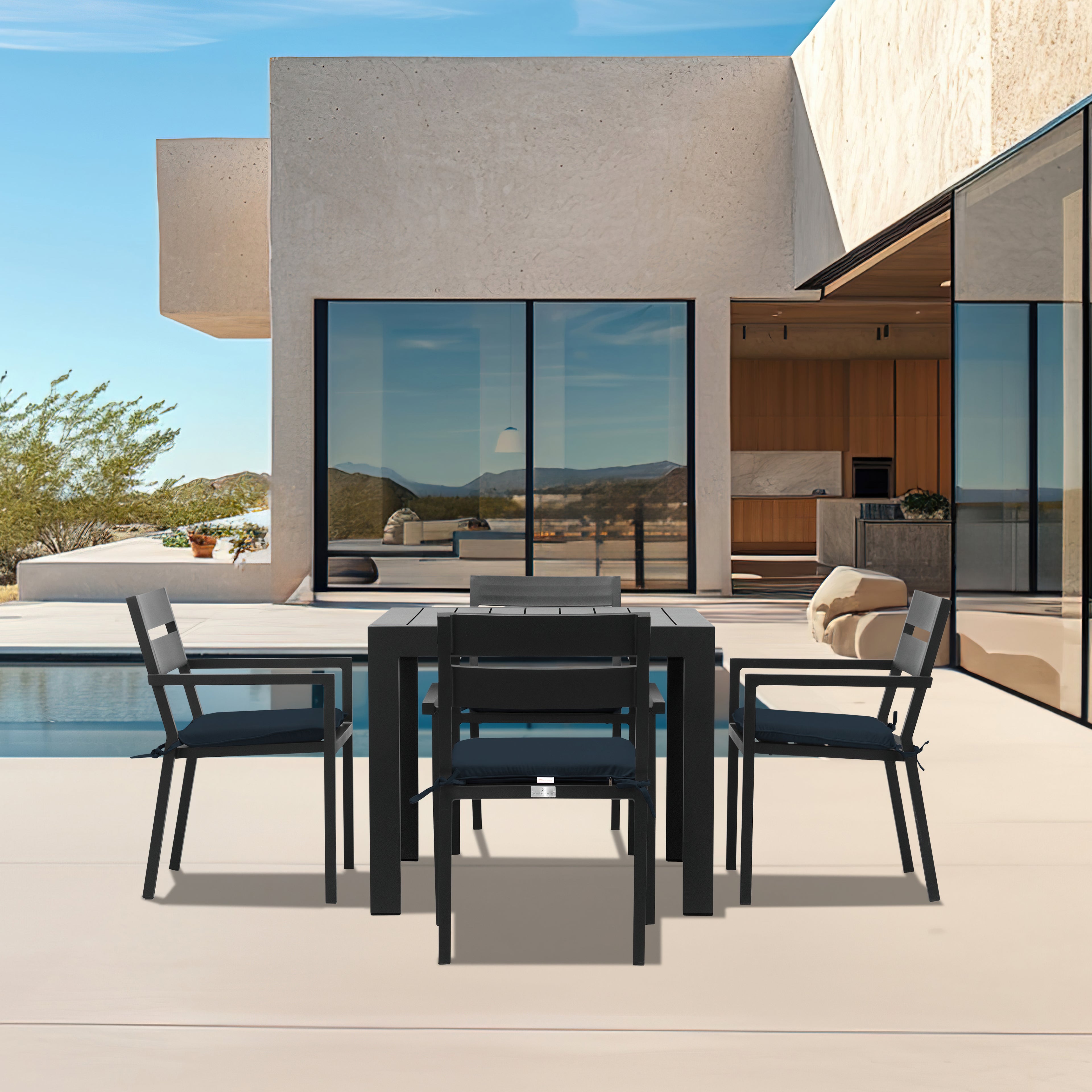 Pacifica Classic 4 Seat Square Dining Set#Finish_Black#Fabric_Spectrum Indigo