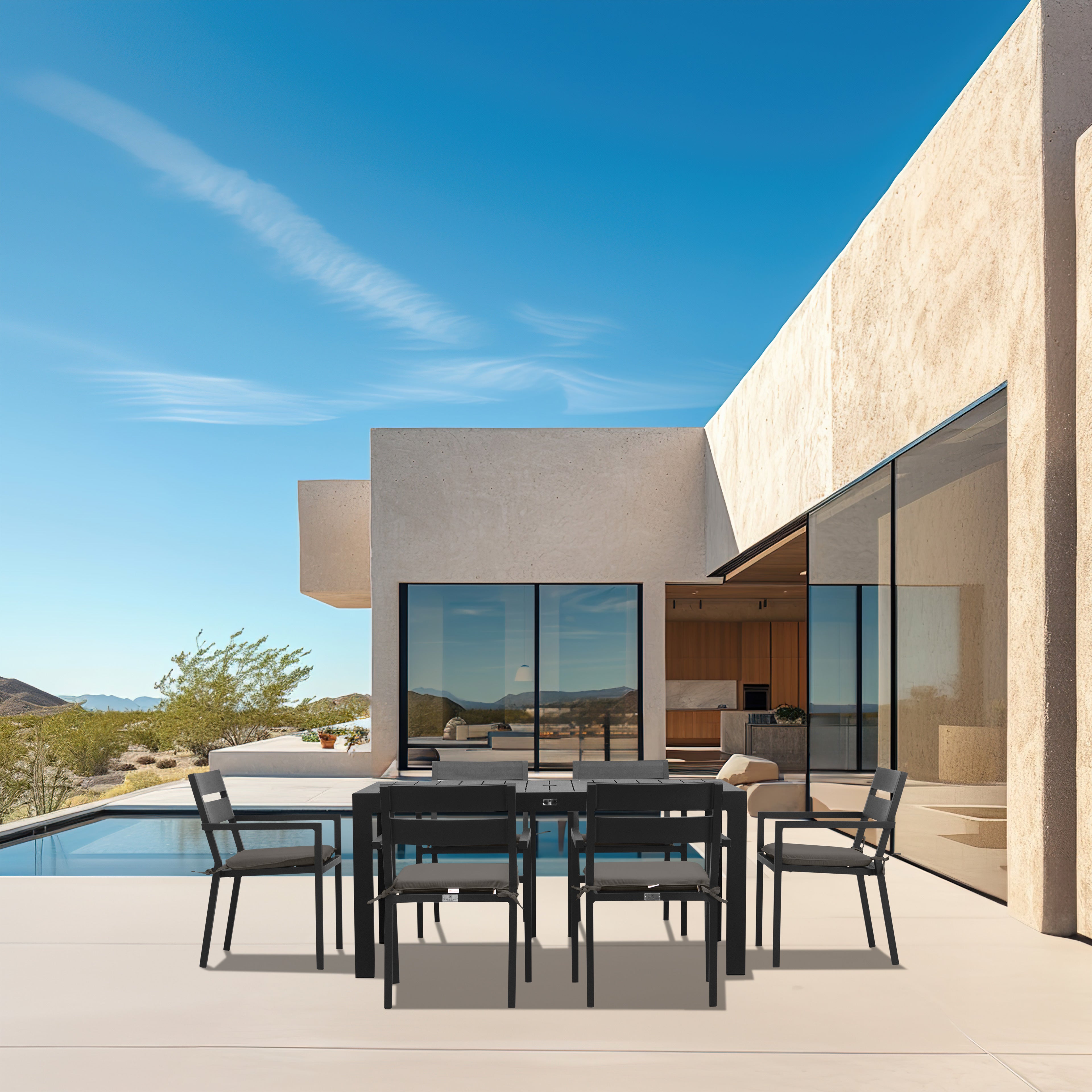 Pacifica Classic 6 Seat Rectangular Dining Set#Finish_Black#Fabric_Canvas Charcoal