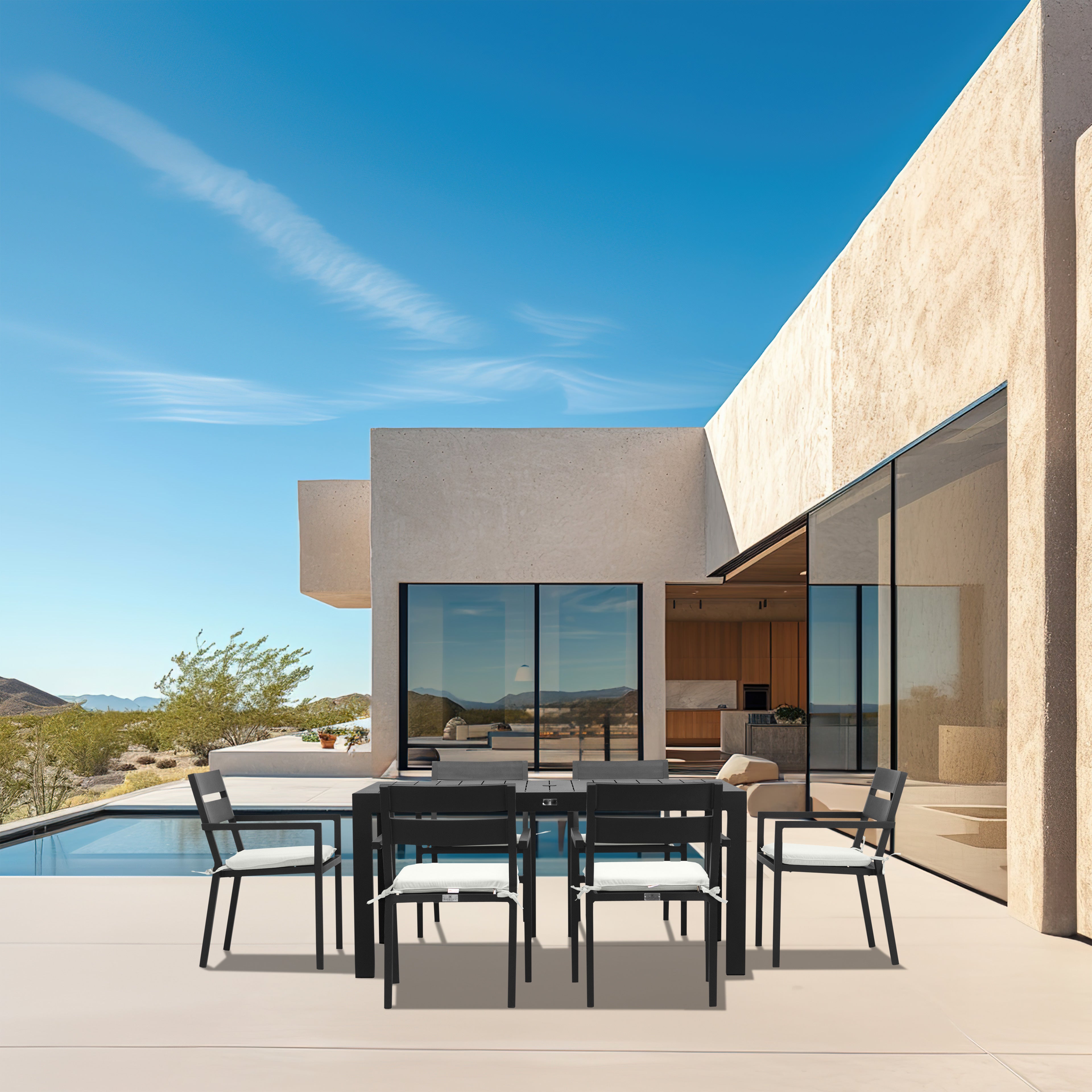 Pacifica Classic 6 Seat Rectangular Dining Set#Finish_Black#Fabric_Canvas Natural