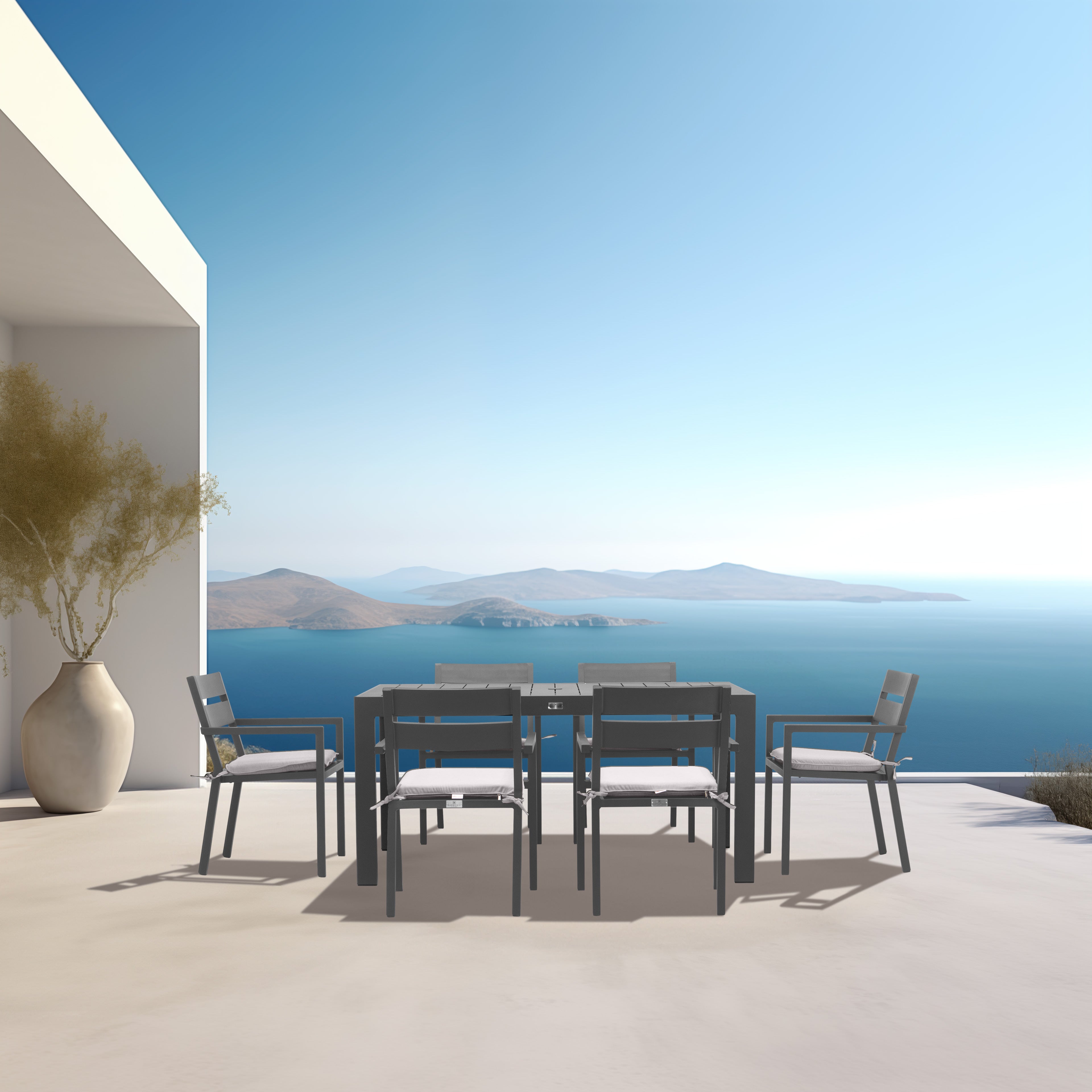 Pacifica Classic 6 Seat Rectangular Dining Set#Finish_Slate#Fabric_Cast Silver