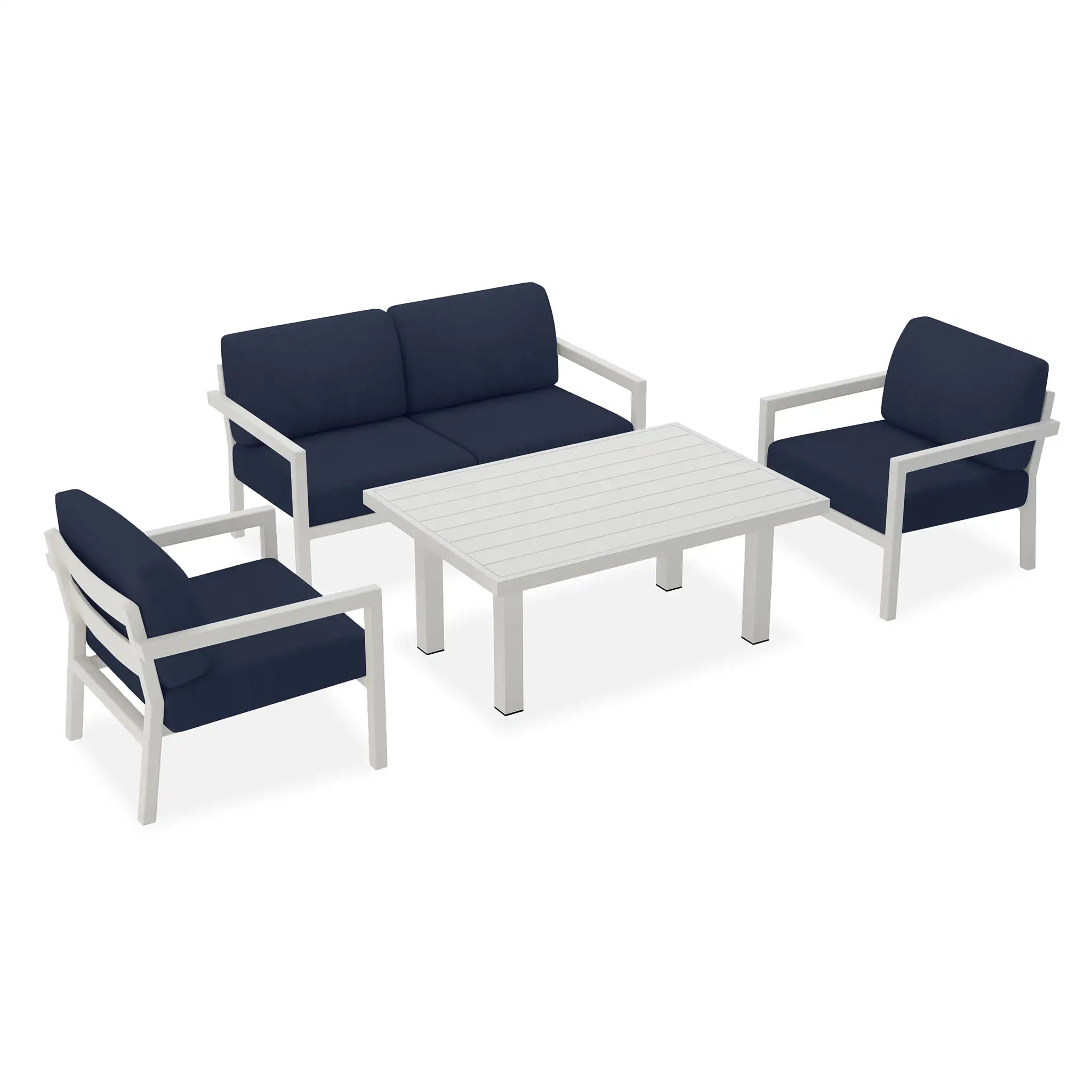 Pacifica Classic 4 Piece Aluminum Loveseat Set#Finish_White#Fabric_Spectrum Indigo