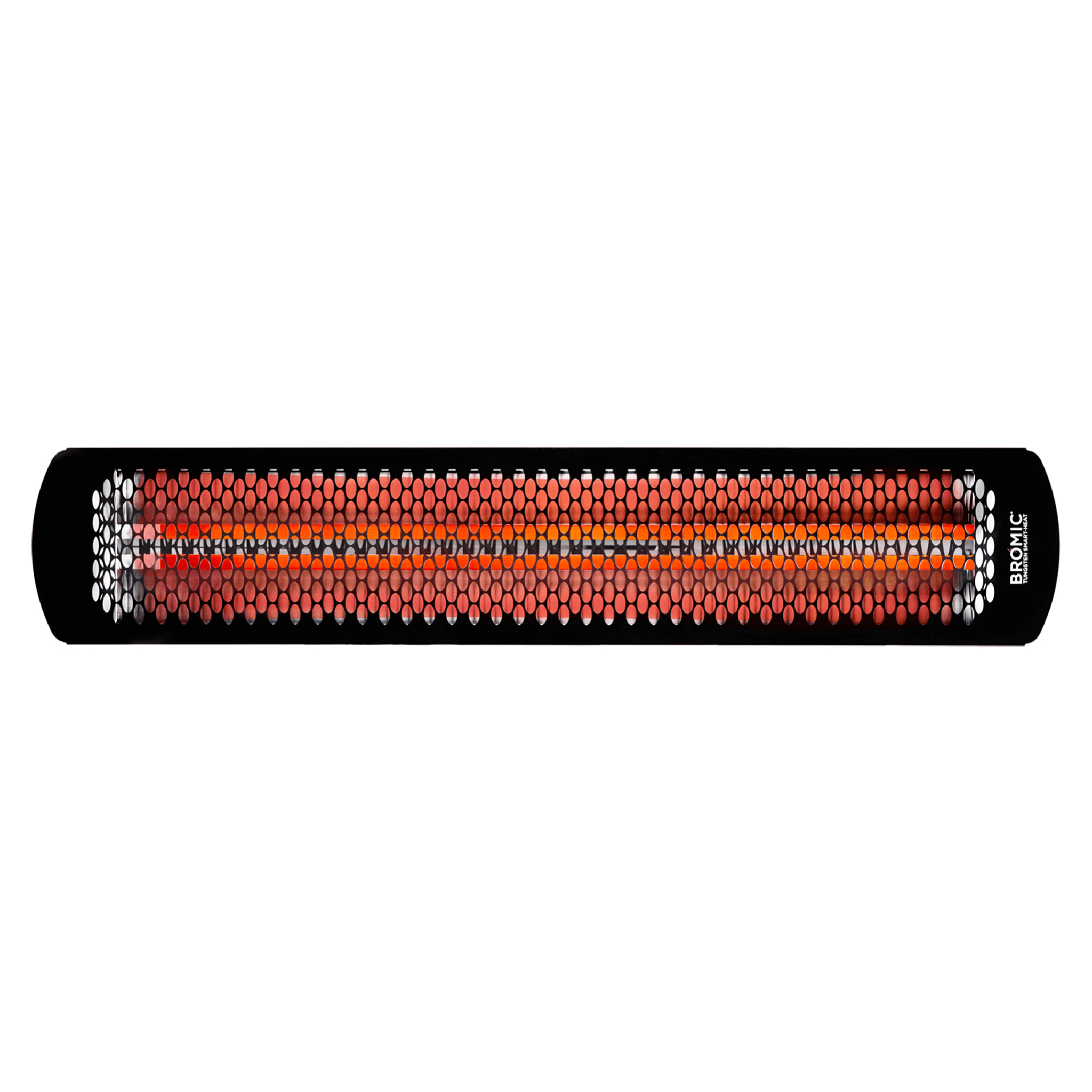 Full front-facing image of the Bromic Tungsten Electric Smart-Heat Heater in Black, displaying the heaterâ€™s long radiant element and elegant slimline design ideal for modern patios, restaurants, and outdoor entertainment spaces.