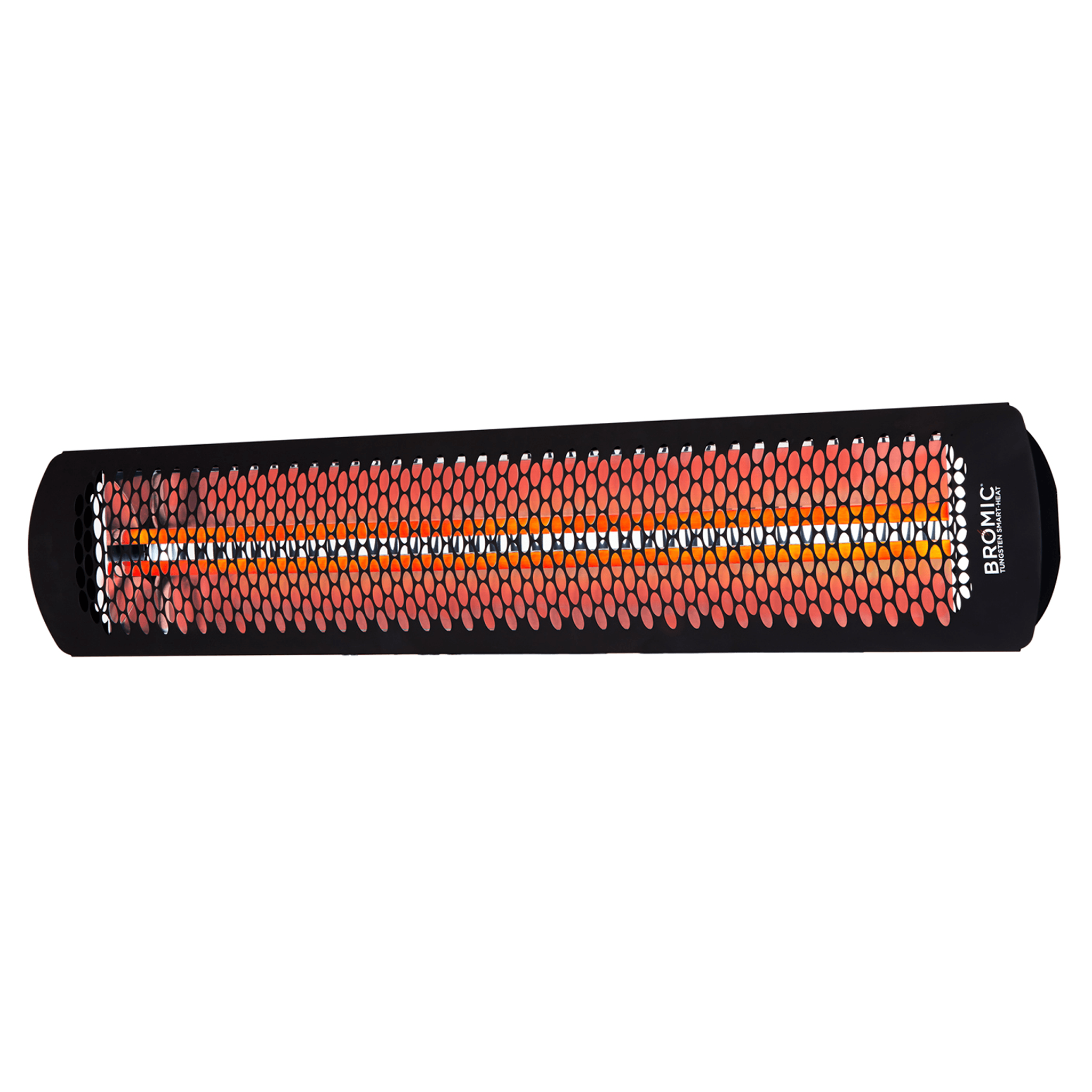 Front view of the Bromic Heating Tungsten Electric Smart-Heat Heater in Black, featuring a sleek honeycomb grill and powerful orange glow that delivers even heat distribution across patios and commercial areas.