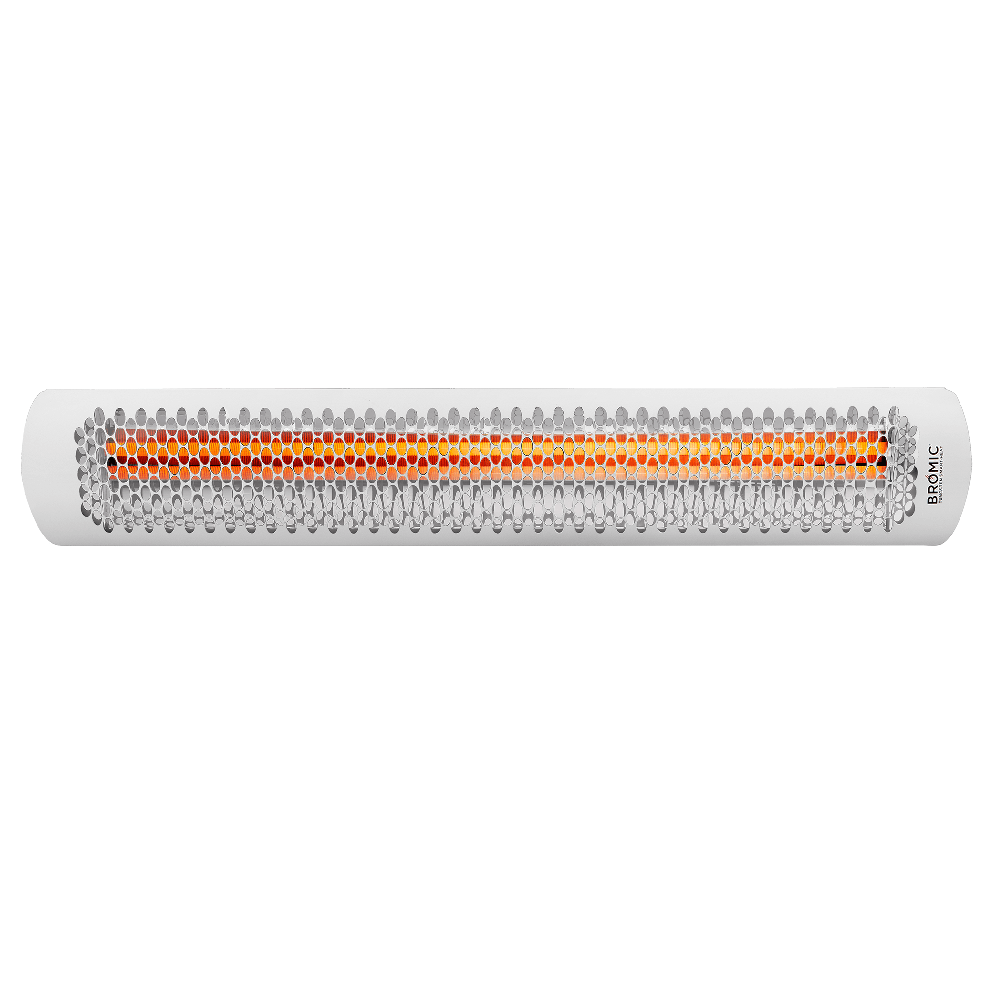Studio image of the Bromic Heating Tungsten Smart-Heat Electric Heater in White, highlighting its durable construction, stylish honeycomb front grill, and efficient electric heating element for residential or commercial use.